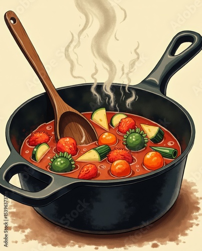 A close-up vintage-style cookbook illustration of a rustic vegetable stew in a cast-iron pot, steaming, with a wooden spoon, 1930s aesthetic, hand-drawn texture