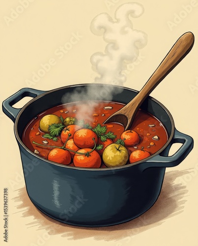 A close-up vintage-style cookbook illustration of a rustic vegetable stew in a cast-iron pot, steaming, with a wooden spoon, 1930s aesthetic, hand-drawn texture