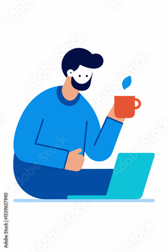 Relaxing Work from Home Man Enjoying Coffee Break with Laptop