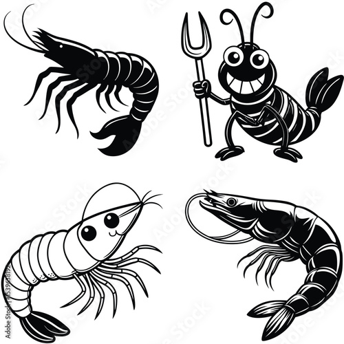 Shrimp Vector Art in Black and White Style