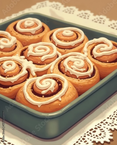 A close-up vintage-style cookbook illustration of a tray of freshly baked cinnamon rolls, gooey icing, on a lace tablecloth, 1950s aesthetic, soft line art