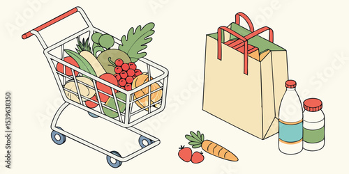 Fresh Produce and Grocery Shopping Cart, Bag, and Dairy