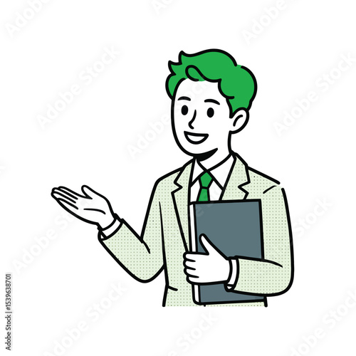 Smiling Man Green Hair Light Green Suit Holding Folder Gesturing vector