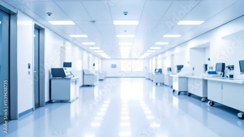 Clean Hospital Corridor: A pristine and modern hospital corridor with bright lighting, spotless floors, and sleek medical equipment. The atmosphere is calm and sterile.