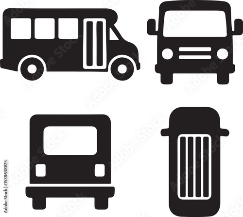 Shuttle bus silhouette icons set side, front, back, and top views vector art illustration