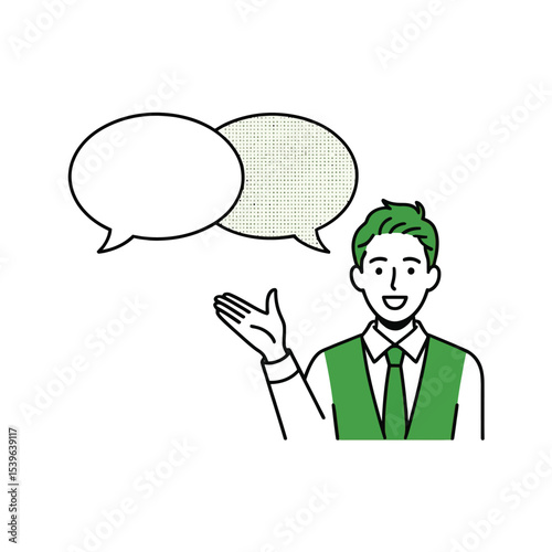 Smiling Man Green Vest Gesturing Two Speech Bubbles gesture