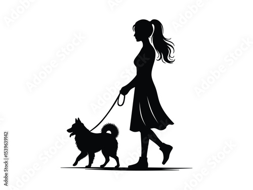 silhouette of woman with her pet dog isolated with white background 
