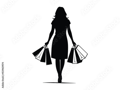 Silhouette woman with shopping bags isolated with white background 