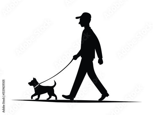 silhouette of a man with his pet dog isolated with white background 