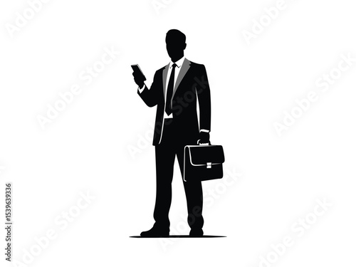 Silhouette of business man with briefcase isolated with white background 