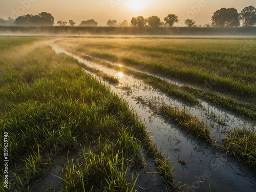 Morning sun rising behind a misty rice field on a flat rural landscape with subtle golden hues catching dew-covered grass and water channels weaving softly through the scene the low photo