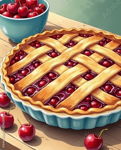 A close-up vintage-style cookbook illustration of a classic cherry pie with a lattice crust, fresh cherries, on a wooden table, 1960s aesthetic, vibrant watercolor style