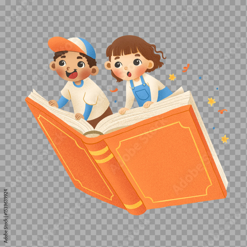 Excited Kids Reading a Giant Storybook – Imaginative Illustration

