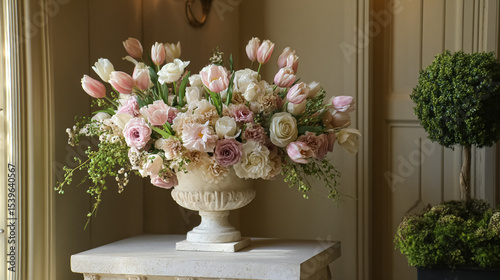 Elegant English garden bouquets in vintage vases, adorned with peonies, tulips and roses and other flowers, displayed in manor garden with dappled light and timeless floral grace