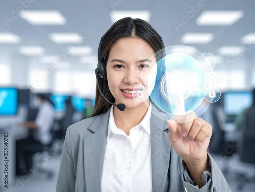 Support at the Forefront: A friendly operator, radiating expertise, guides a global digital service. She smiles confidently while interacting with the digital service touchpoint. 