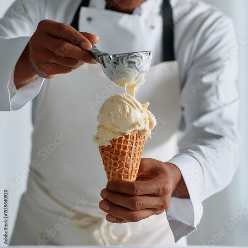 Chef making vanilla ice cream cone dessert with scoop and waffle cone for summer treat concept