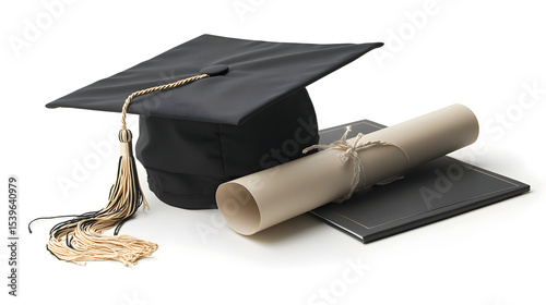 Graduation items, including a cap with a tassel, diploma, and a laptop, arranged
