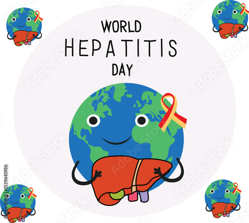 World Hepatitis Day concept with globe cartoon and awareness ribbon