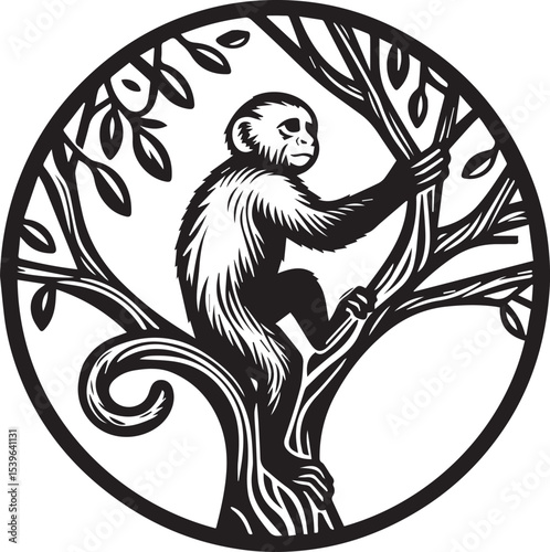 Capuchin Monkey Simple Black and White Vector Illustration	