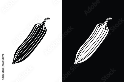 Fresh Okra Pod and Slice Vector. Black and White Silhouette Design