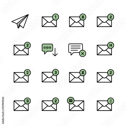 Twelve Email Icons with Number Notifications and Messaging Symbols message numbers