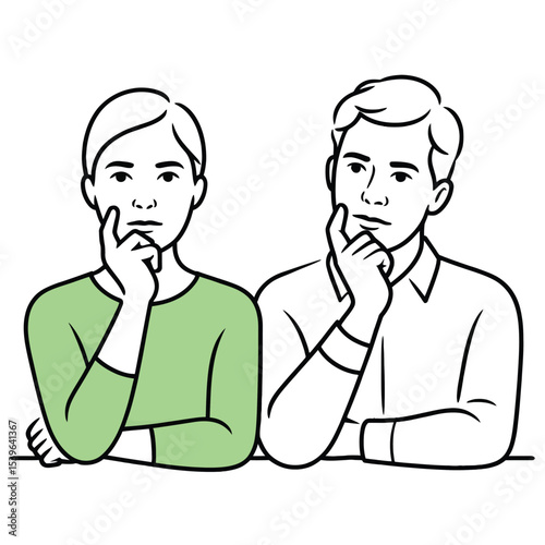 Thoughtful man and woman seated side by side hands on chins thinking contemplating
