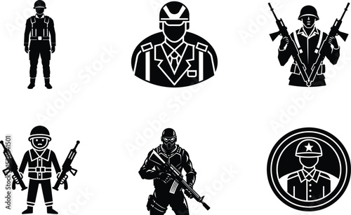 set of Soldier Pose Collection in Black and White Style.