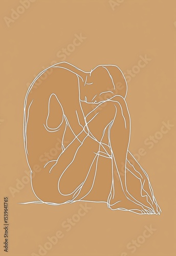 Minimalist outline of a seated human figure in a curled position against a warm background