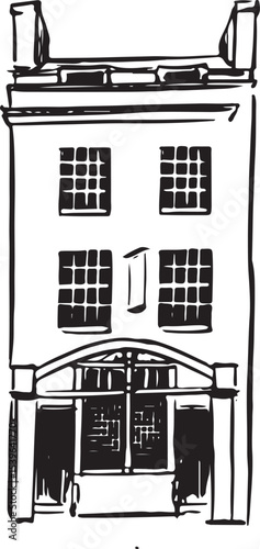 Dolphin Inn Hotel facade ink illustration. Plymouth, Devon, England landmark sketch. 19th century architecture vector drawing. Monochrome black and white house drawing.