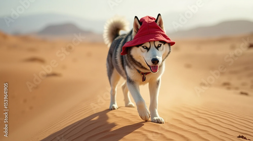 A Siberian Husky is walking in the desert wearing a red bucket hat to protect himself from the scorching sun.