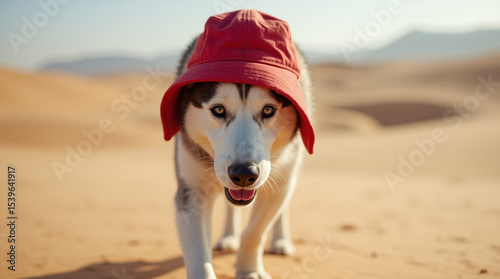 A Siberian Husky is walking in the desert wearing a red bucket hat to protect himself from the scorching sun.