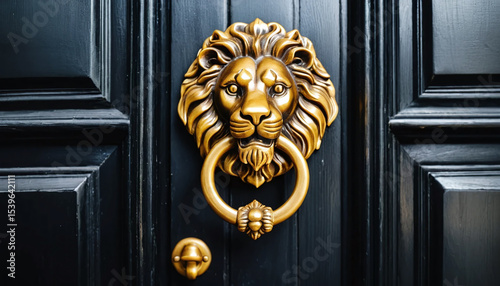 Vintage black wooden door and knock golden lion ring.
