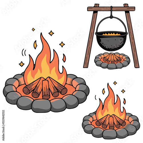 cartoon campfire in four situations isolated vector illustration