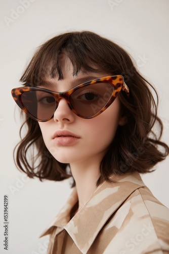 Model showcases stylish tortoiseshell sunglasses in a modern indoor setting during a fashion shoot