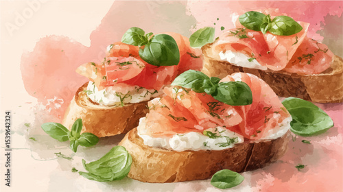 Vector illustration of bruschetta with salmon, watercolor on pink background