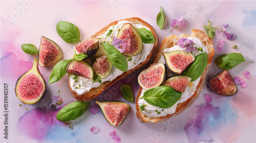 Vector illustration of bruschetta with figs, watercolor on pink background