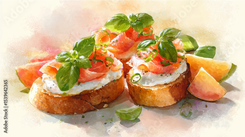 Vector illustration of bruschetta with salmon, watercolor on pink background
