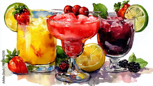 Vector illustration of a set of glasses with summer cocktails, watercolor on a white background	