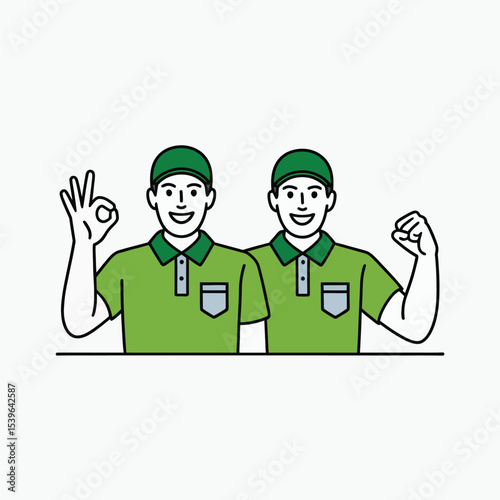 Two Smiling Delivery Workers Green Shirts Okay Sign Strong Pose happy