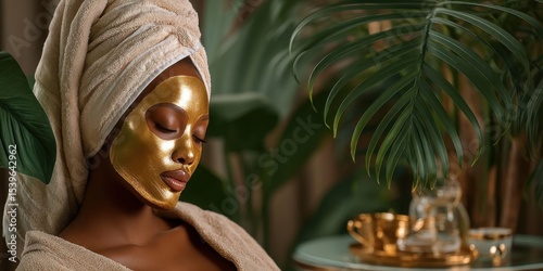 Woman Relaxing with Gold Facial Mask at Spa