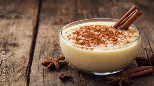 Bowl of arroz con leche sprinkled with cinnamon sticks on a wooden background