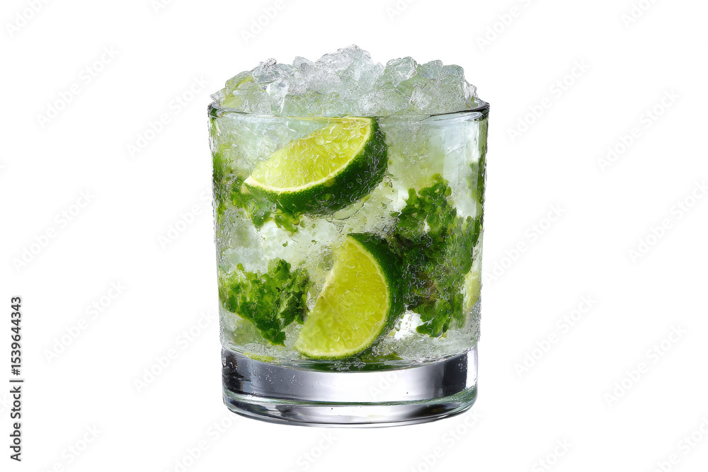 A glass of limeade with ice cubes in it A glass of limeade with ice cubes in it