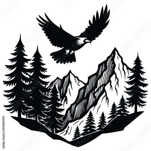 Eagle soaring over mountains and forest, silhouette vector, nature banner design