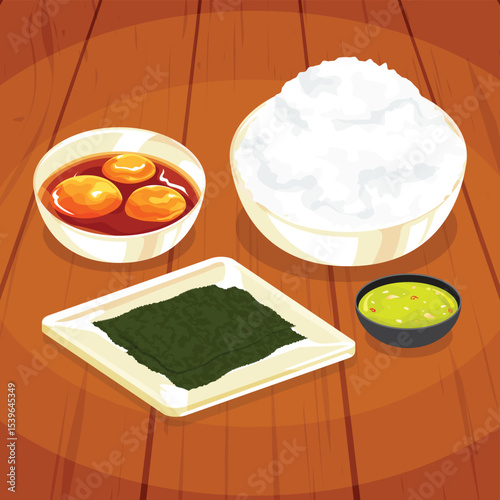 Soy-marinated egg yolk on rice vector illustration. Asian cuisine, featuring marinated egg yolks, rice, seaweed sheets, and dipping sauce. Perfect for food menus and culinary designs.