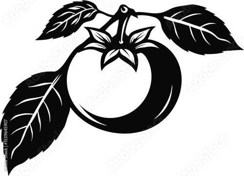 minimalist black icon of persimmon with calyx leaves, isolated on white background.