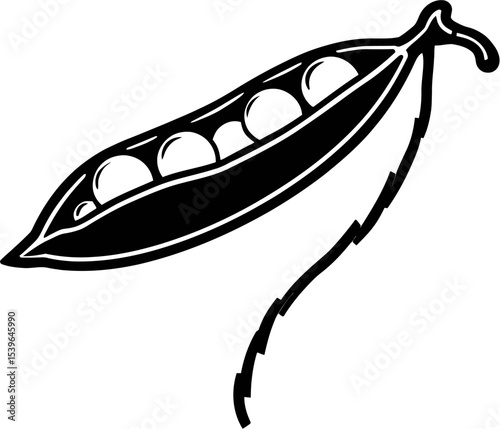 minimalist black outline of pea pod with visible peas, isolated on white background.