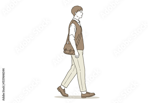 Young Man Walking in Casual Fashion with Shoulder Bag, Daily Commute and Urban Lifestyle. Hand drawn style vector design illustrations.