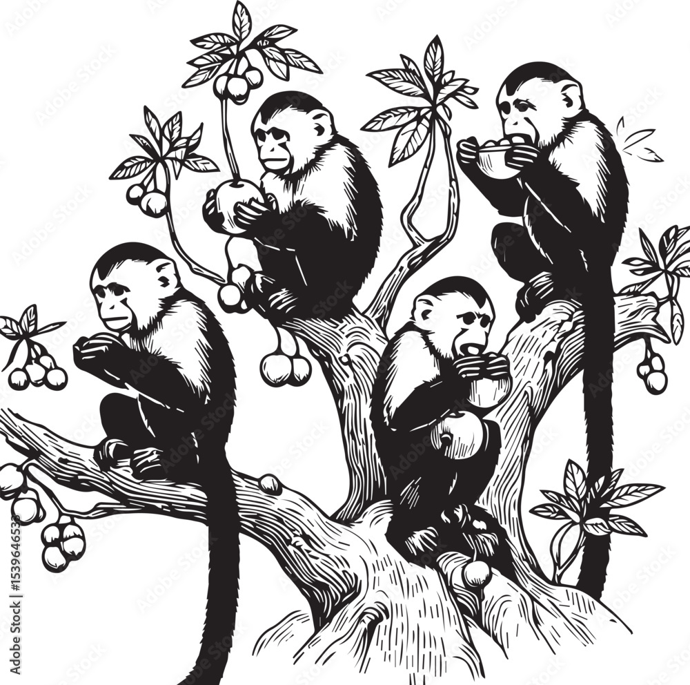 Fototapeta premium Capuchin Monkey Simple Black and White Vector Illustration