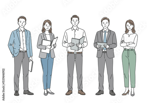 Diverse Group of Business Professionals, Smiling and Ready for Work, Teamwork and Corporate Success. Hand drawn style vector design illustrations.
