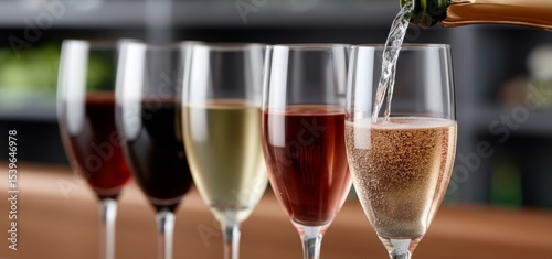 Variety of red, white, and sparkling wines in glasses on a bar counter